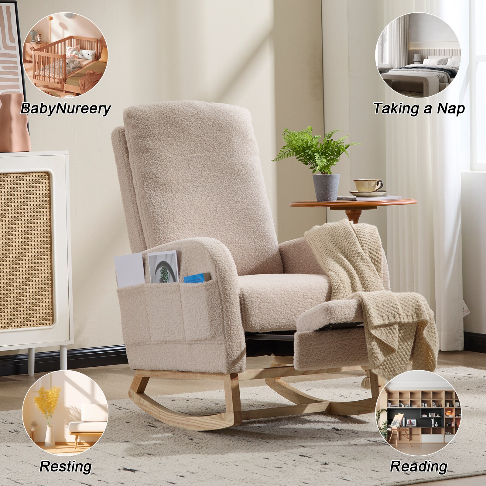 Modern Accent Rocking Chair Rocking Chair With Solid Wood Legs, Upholstered Nursery Glider Rocker, Comfy Armchair With Side Pocket, Living Room Lounge Arm Chair With High Backrest (Beige,teddy)_voghion.com